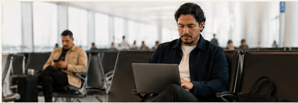 A professional working on a laptop at an airport gate