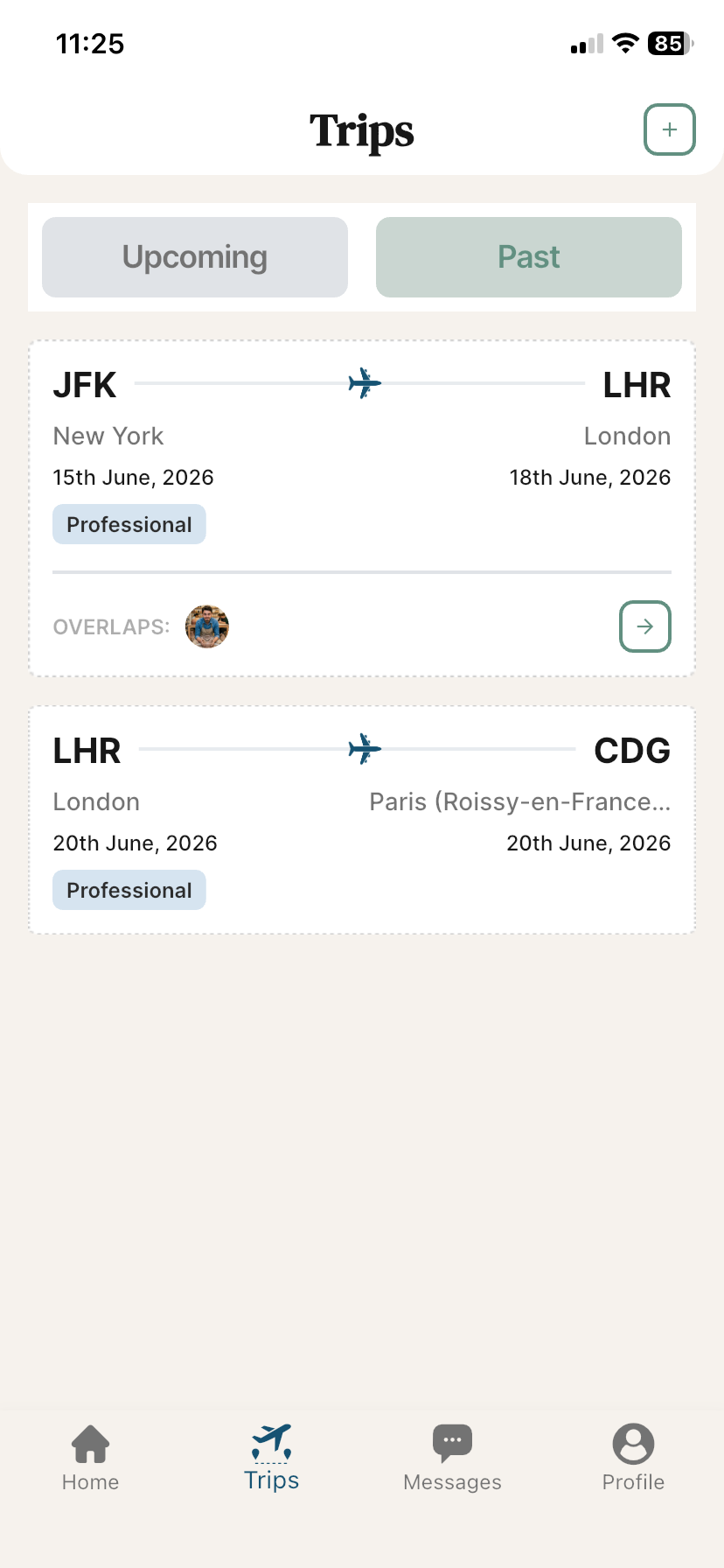 almost app Trips screen showing upcoming flights and overlaps