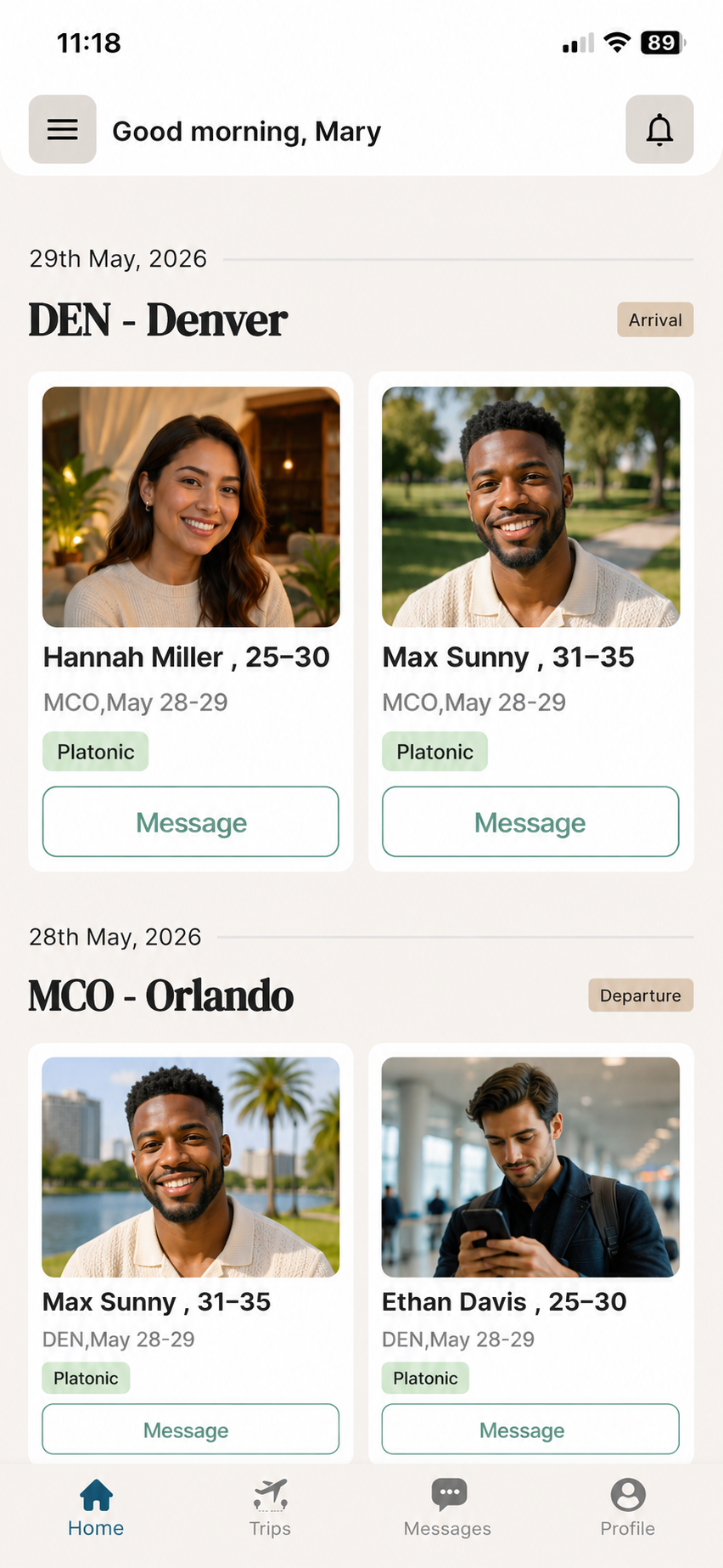 almost app Home screen showing traveler matches