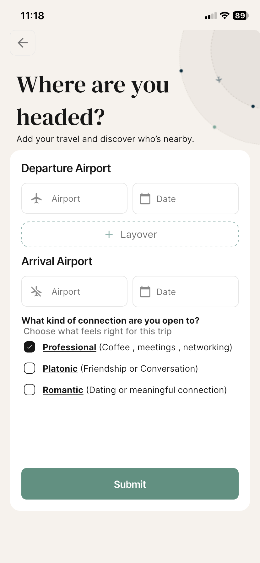 almost app Where are you headed trip entry screen