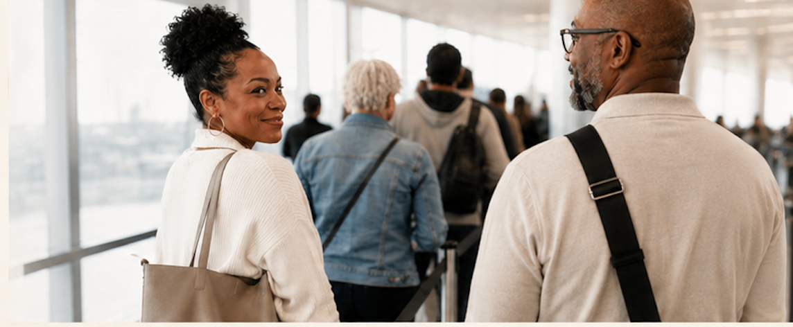 Travelers passing through a sunlit airport terminal