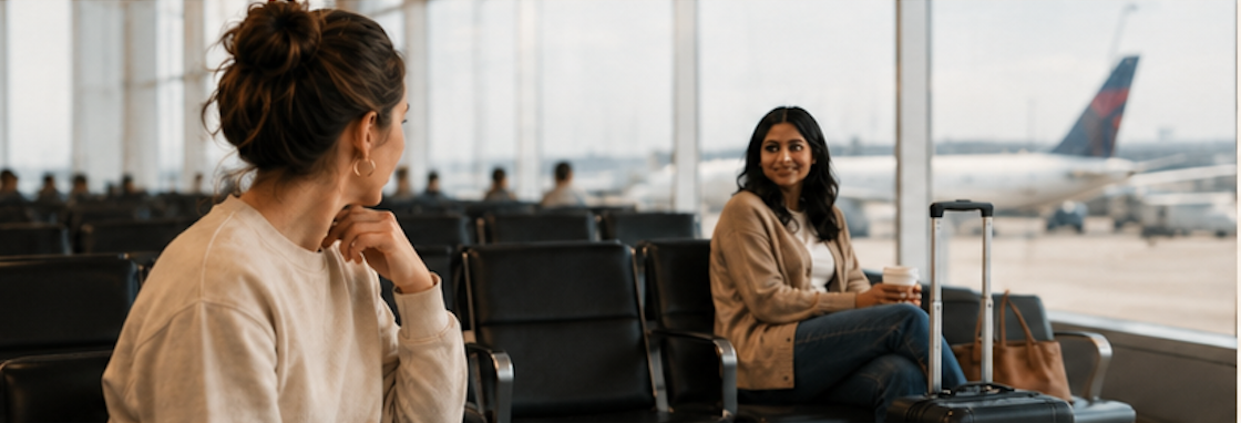Two travelers sharing a conversation at an airport gate